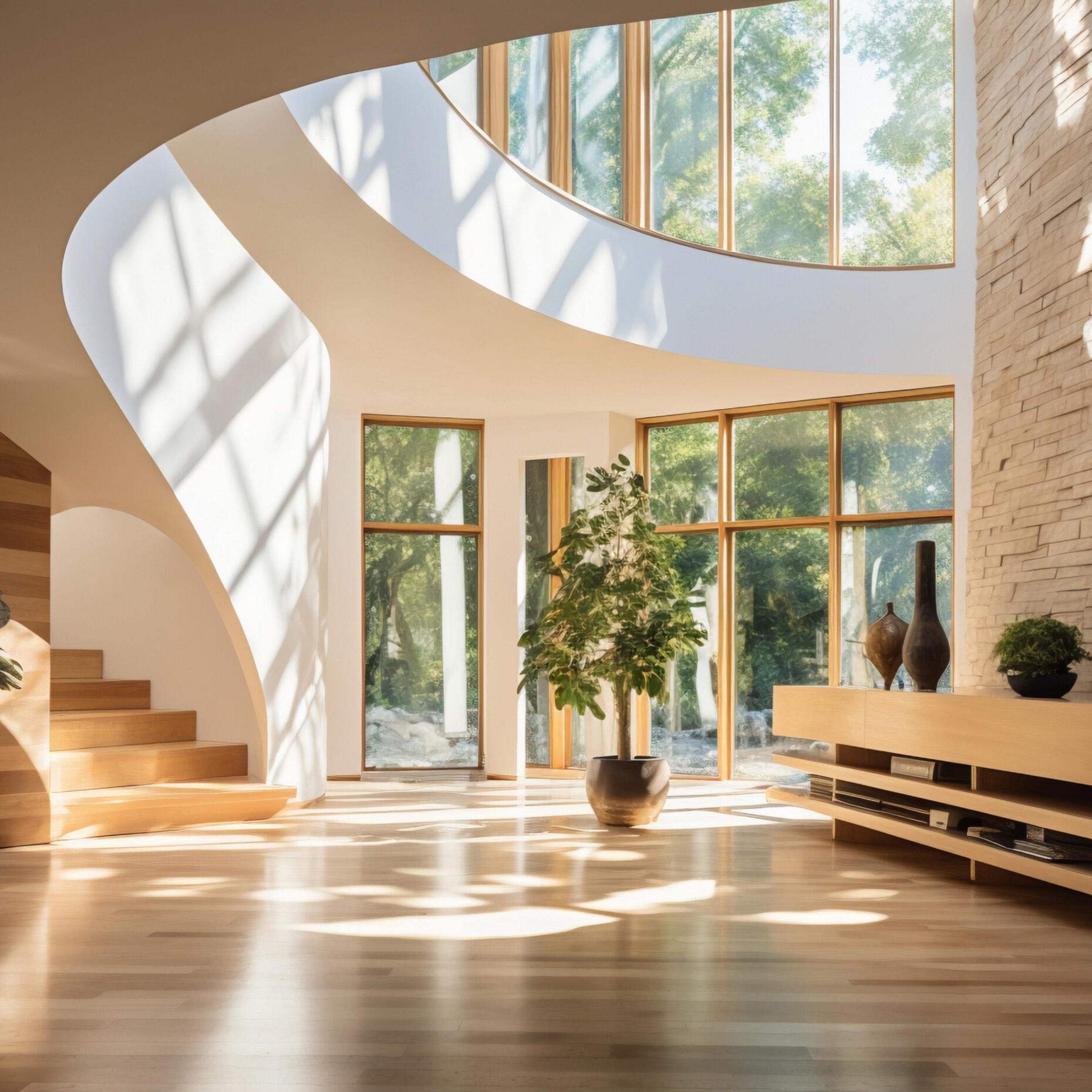 Grove House – Coconut Grove, FL Sunlit entryway at Grove House, highlighting a curved white stair, floor-to-ceiling windows, and textured stone wall with modern natural finishes.