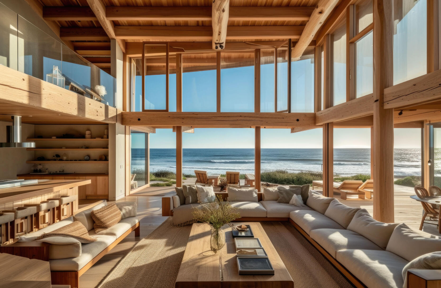 Golden Beach House – Oceanfront Timber Interior Double-height timber interior of Grove House, featuring expansive ocean views, natural wood finishes, and seamless indoor-outdoor living.