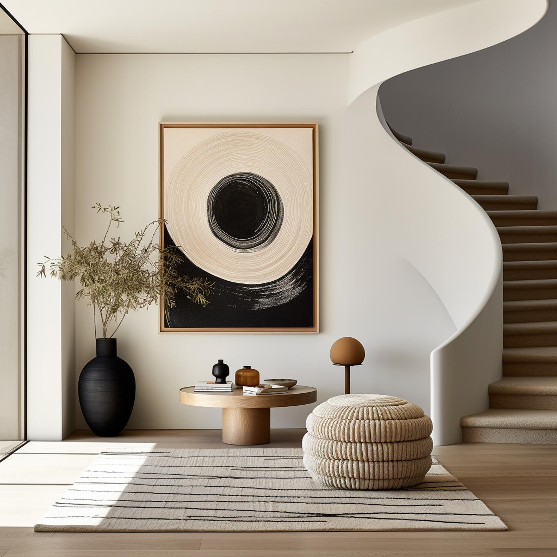 Sunset Entry – Studio 305 Concept Minimal entry nook featuring a sculptural staircase, soft neutral palette, and circular art piece — designed as part of the Sunset Entry concept.