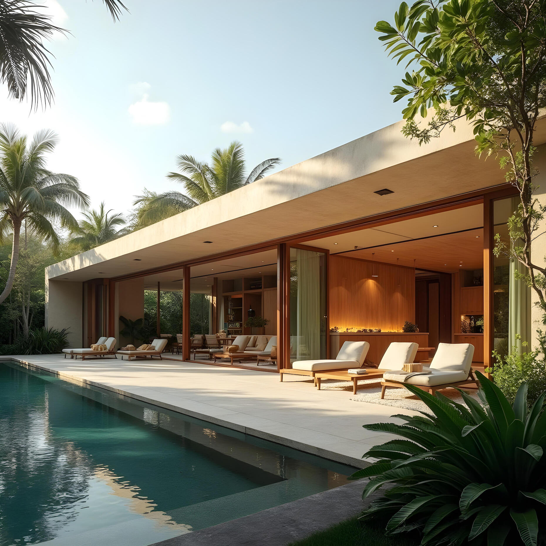 Casa Gables, Coral Gables FL Concept design for a modern tropical residence in Coral Gables, featuring floor-to-ceiling glass, warm timber cladding, and lush garden integration.