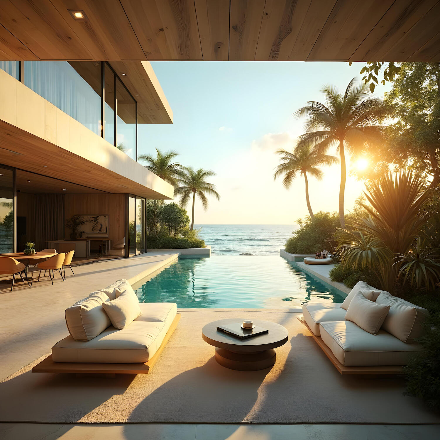 Golden Beach House — A serene courtyard residence framed by native trees and clean modern lines. Golden Beach House — A modern courtyard home in Miami blending tropical landscaping, native trees, and minimalist architecture for serene indoor-outdoor living.
